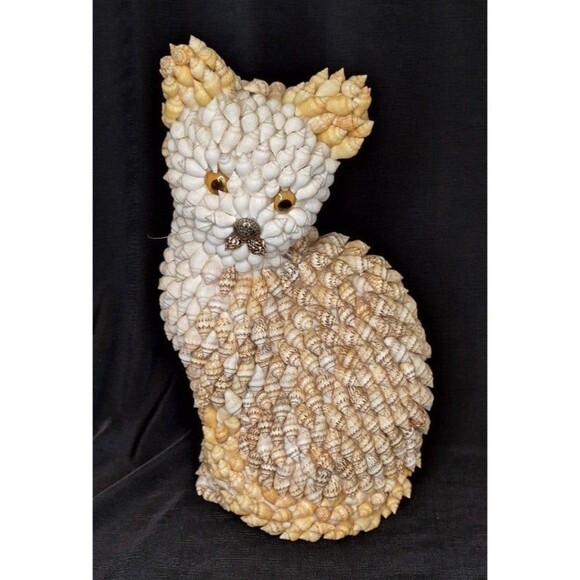 Cat Figurine with Seashells, Unique 7" Cat Decor Shell - Picture 5 of 8